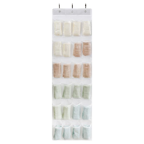 Flexzion Hanging Shoe Organizer, Over the Door Closet Shoes Storage Hanger, Footwear Holder, 24 Clear Plastic Pockets w/ 3 Steel Hooks for Cloth Cleaning Supplies House Stationery Accessories, White - Image 2