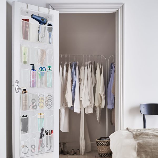 Flexzion Hanging Shoe Organizer, Over the Door Closet Shoes Storage Hanger, Footwear Holder, 24 Clear Plastic Pockets w/ 3 Steel Hooks for Cloth Cleaning Supplies House Stationery Accessories, White - Image 6
