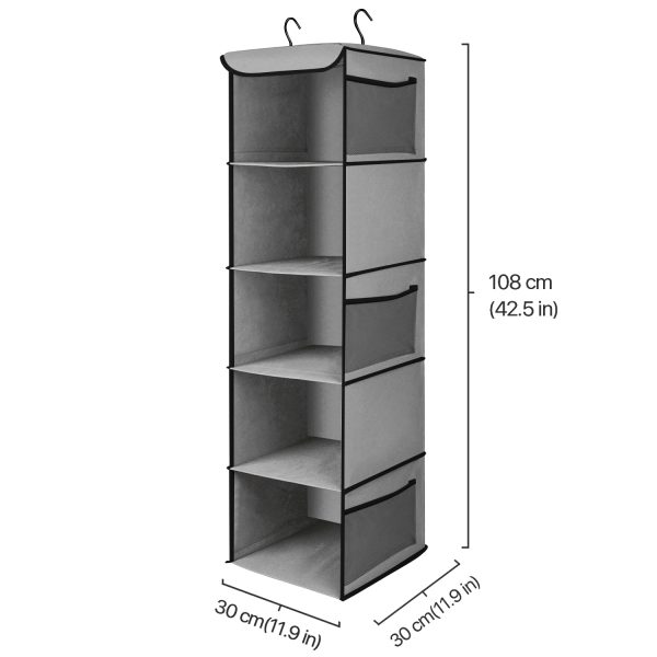 Flexzion Hanging Shoe Shelves, 5 Shelf Cloth Closet, Clothing Storage Organizers w/ 6 Side Mesh Pockets, Portable Suspended Hanger Holder, Wall/Over the Door Design for Wardrobe Bed Bathroom, Brown - Image 3