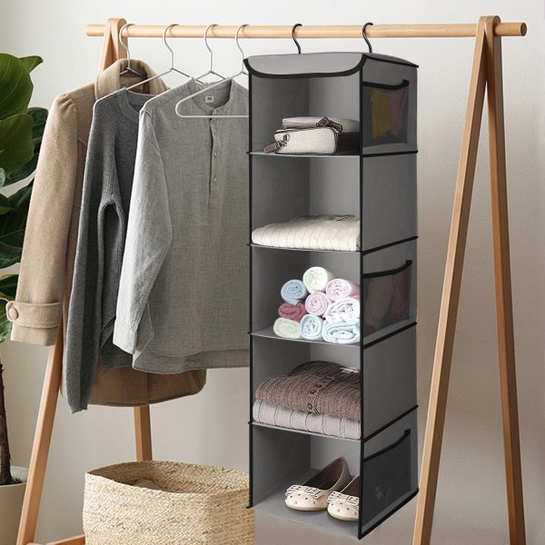 Flexzion Hanging Shoe Shelves, 5 Shelf Cloth Closet, Clothing Storage Organizers w/ 6 Side Mesh Pockets, Portable Suspended Hanger Holder, Wall/Over the Door Design for Wardrobe Bed Bathroom, Brown - Image 7