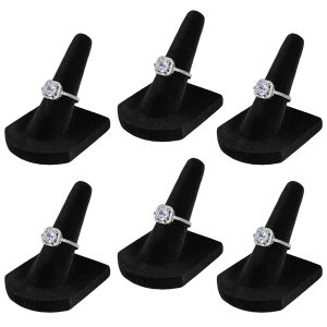 Flexzion Ring Display Finger Shaped Velvet Single Ring Holder, Ring Displays for Selling or Personal Use, Ring Stand for Jewelry, Prong Ring, Championship Ring, and More, 6 Pack, Black