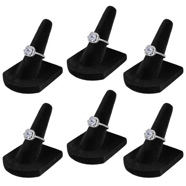 Flexzion Ring Display Finger Shaped Velvet Single Ring Holder, Ring Displays for Selling or Personal Use, Ring Stand for Jewelry, Prong Ring, Championship Ring, and More, 6 Pack, Black