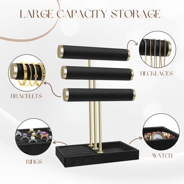 Flexzion 3 Tier Bracelet Holder Display Stand - Black Velvet Bracelet Holder Organizer with Detachable T Bar - Jewelry Display Stand for Bracelets, Bangles, Necklace, Watches, Rings - Image 4