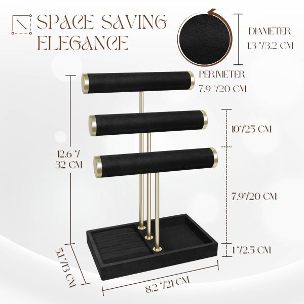 Flexzion 3 Tier Bracelet Holder Display Stand - Black Velvet Bracelet Holder Organizer with Detachable T Bar - Jewelry Display Stand for Bracelets, Bangles, Necklace, Watches, Rings - Image 6