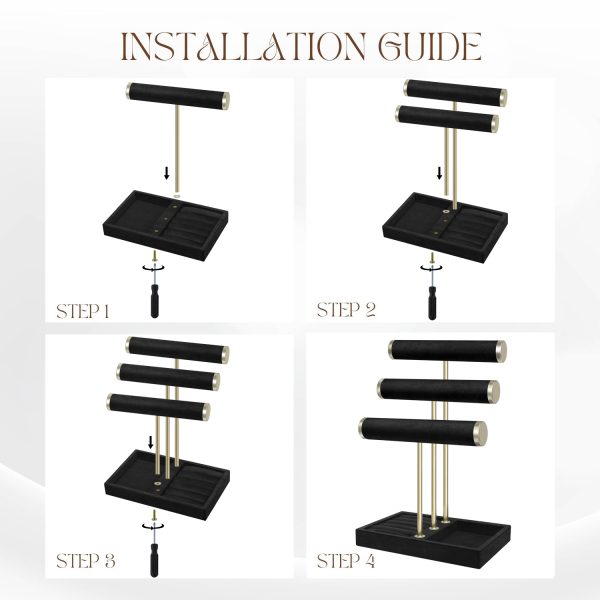 Flexzion 3 Tier Bracelet Holder Display Stand - Black Velvet Bracelet Holder Organizer with Detachable T Bar - Jewelry Display Stand for Bracelets, Bangles, Necklace, Watches, Rings - Image 7