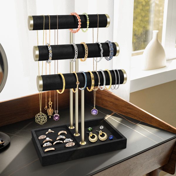 Flexzion 3 Tier Bracelet Holder Display Stand - Black Velvet Bracelet Holder Organizer with Detachable T Bar - Jewelry Display Stand for Bracelets, Bangles, Necklace, Watches, Rings - Image 8