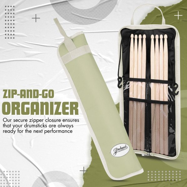 Flexzion Drum Stick Bag Percussion Music Drum Accessories Case with Hook, Card Holder, Adjustable Shoulder Strap Carrying Handle 4 Pairs Kid Drum Sticks Holder Water-Resistant Bag Fabric, Light Olive - Image 3