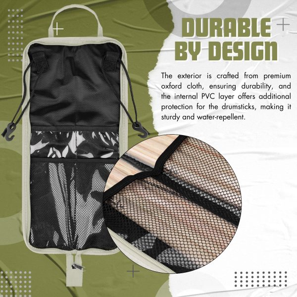 Flexzion Drum Stick Bag Percussion Music Drum Accessories Case with Hook, Card Holder, Adjustable Shoulder Strap Carrying Handle 4 Pairs Kid Drum Sticks Holder Water-Resistant Bag Fabric, Light Olive - Image 5