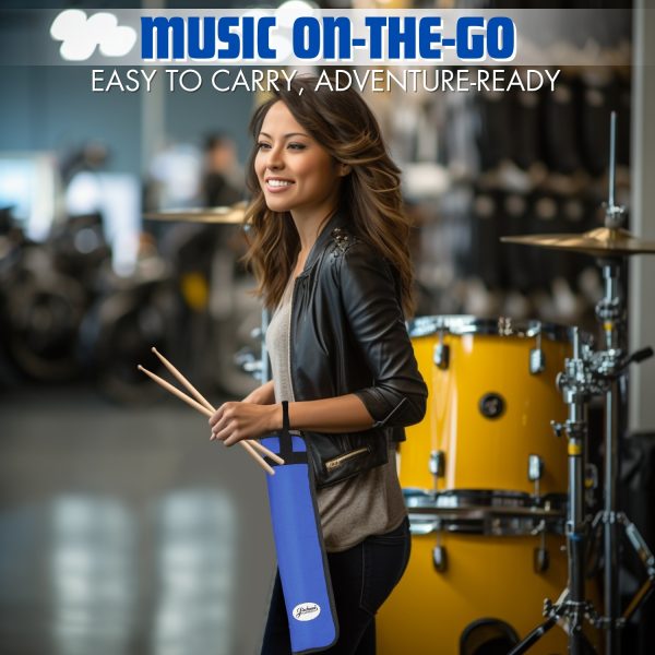 Flexzion Drum Stick Bag Percussion Music Drum Accessories Case with Hook, Card Holder, Adjustable Shoulder Strap Carrying Handle 4 Pairs Kid Drum Sticks Holder Water-Resistant Bag Fabric, Cobalt Blue - Image 2