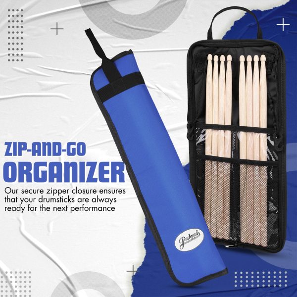 Flexzion Drum Stick Bag Percussion Music Drum Accessories Case with Hook, Card Holder, Adjustable Shoulder Strap Carrying Handle 4 Pairs Kid Drum Sticks Holder Water-Resistant Bag Fabric, Cobalt Blue - Image 3