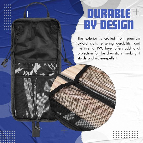 Flexzion Drum Stick Bag Percussion Music Drum Accessories Case with Hook, Card Holder, Adjustable Shoulder Strap Carrying Handle 4 Pairs Kid Drum Sticks Holder Water-Resistant Bag Fabric, Cobalt Blue - Image 5