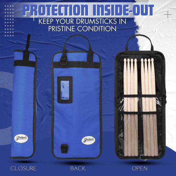 Flexzion Drum Stick Bag Percussion Music Drum Accessories Case with Hook, Card Holder, Adjustable Shoulder Strap Carrying Handle 4 Pairs Kid Drum Sticks Holder Water-Resistant Bag Fabric, Cobalt Blue - Image 8