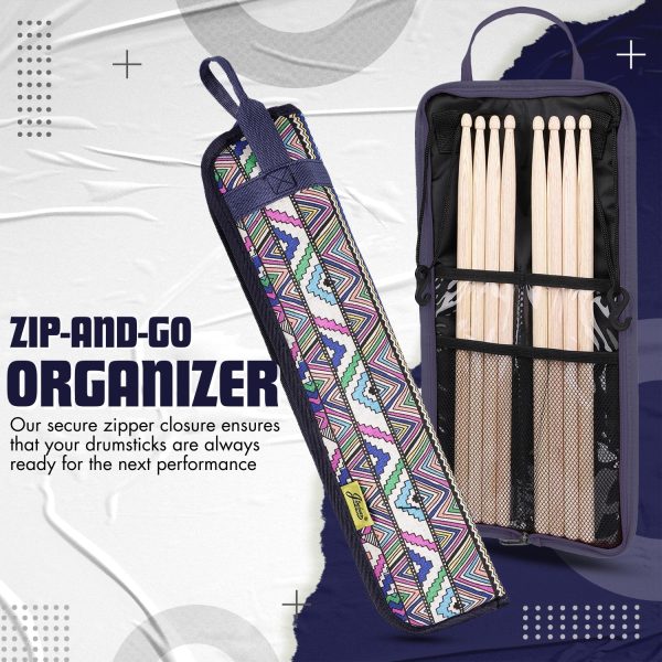 Flexzion Drum Stick Bag Percussion Music Drum Accessories Case with Hook, Card Holder, Adjustable Shoulder Strap Carrying Handle 4 Pairs Kid Drum Sticks Holder Water-Resistant Bag Fabric, Fairy Tribal - Image 3