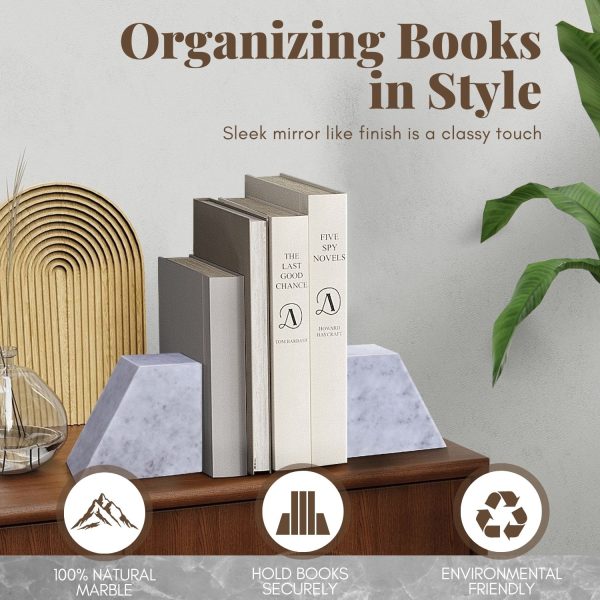 Flexzion Marble Bookends White Elegant Book Holder, 2-Piece Non-Skid Heavy Book Ends, Modern Decorative Book Stopper, Triangular with Gold Accent for Bookshelf, Desk, & Home Decor - Image 2