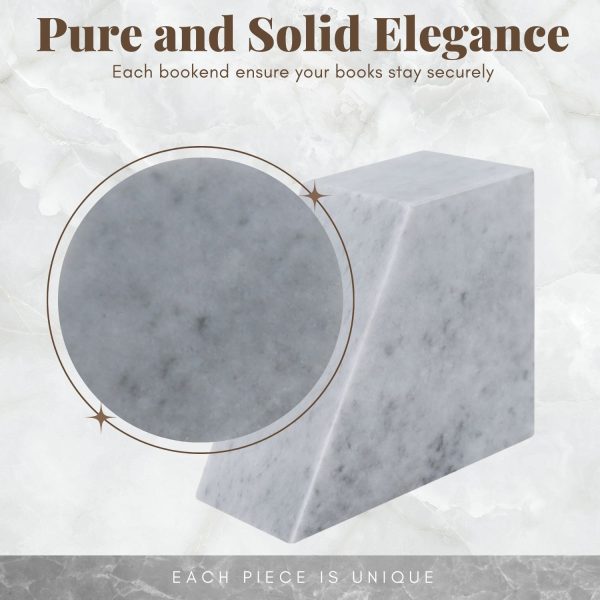 Flexzion Marble Bookends White Elegant Book Holder, 2-Piece Non-Skid Heavy Book Ends, Modern Decorative Book Stopper, Triangular with Gold Accent for Bookshelf, Desk, & Home Decor - Image 3