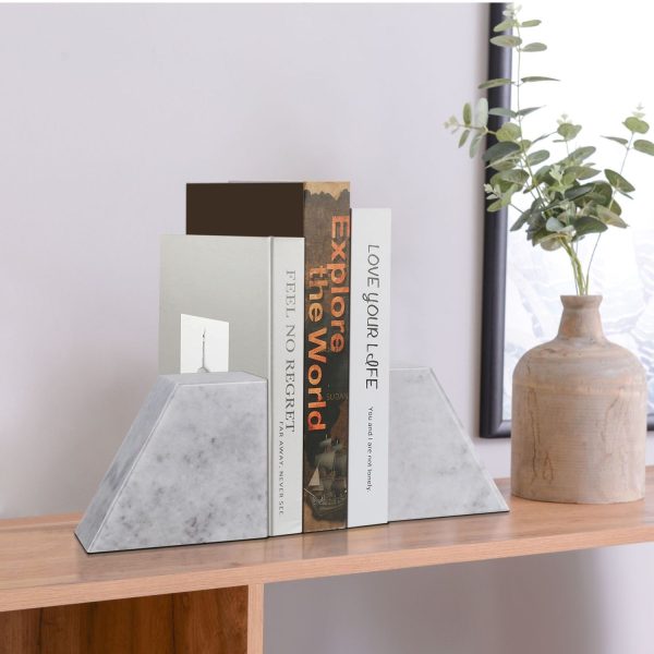 Flexzion Marble Bookends White Elegant Book Holder, 2-Piece Non-Skid Heavy Book Ends, Modern Decorative Book Stopper, Triangular with Gold Accent for Bookshelf, Desk, & Home Decor - Image 6