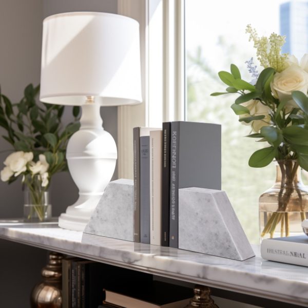 Flexzion Marble Bookends White Elegant Book Holder, 2-Piece Non-Skid Heavy Book Ends, Modern Decorative Book Stopper, Triangular with Gold Accent for Bookshelf, Desk, & Home Decor - Image 7