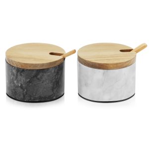 Flexzion Marble Salt Cellar with Lid & Spoon - Salt and Pepper Bowls Dish Container with Anti-Slip Pad - Marble Pepper Jar Storage Box Holder for Paprika, Herbs, Jewelry (Set of 2, Black & White)