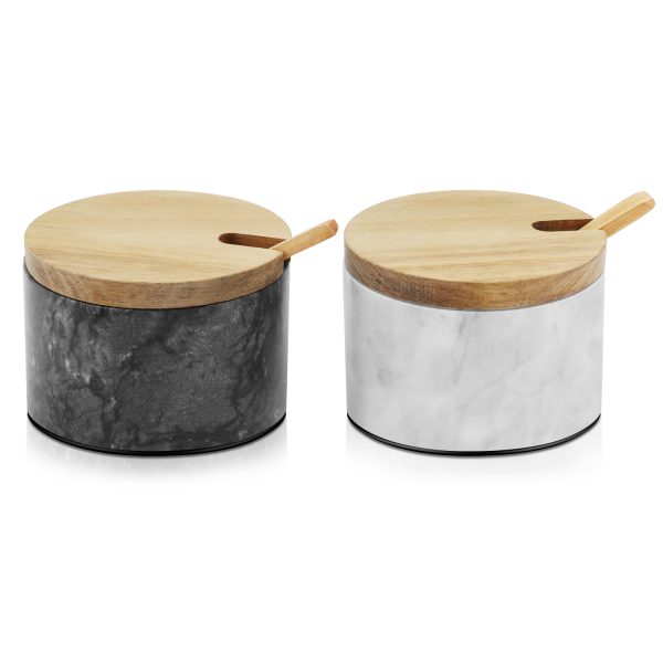 Flexzion Marble Salt Cellar with Lid & Spoon - Salt and Pepper Bowls Dish Container with Anti-Slip Pad - Marble Pepper Jar Storage Box Holder for Paprika, Herbs, Jewelry (Set of 2, Black & White)