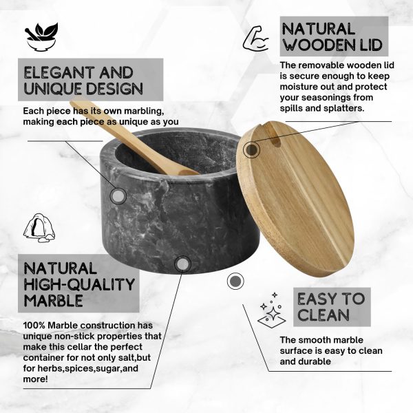 Flexzion Marble Salt Cellar with Lid & Spoon - Salt and Pepper Bowls Dish Container with Anti-Slip Pad - Marble Pepper Jar Storage Box Holder for Paprika, Herbs, Jewelry (Set of 2, Black & White) - Image 2