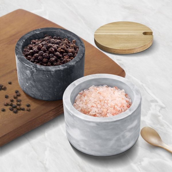 Flexzion Marble Salt Cellar with Lid & Spoon - Salt and Pepper Bowls Dish Container with Anti-Slip Pad - Marble Pepper Jar Storage Box Holder for Paprika, Herbs, Jewelry (Set of 2, Black & White) - Image 4