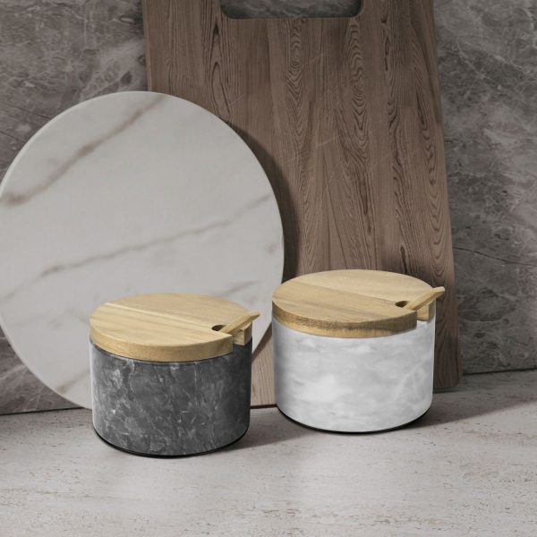 Flexzion Marble Salt Cellar with Lid & Spoon - Salt and Pepper Bowls Dish Container with Anti-Slip Pad - Marble Pepper Jar Storage Box Holder for Paprika, Herbs, Jewelry (Set of 2, Black & White) - Image 6