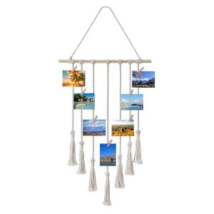Flexzion Macrame Hanging Photo Display Wall Decor - Handwoven Boho Picture Collage Decor Hanger with 25 Wooden Clips & Cotton String Holder Organizer for Bedroom, Living Room, Home, Dorm, Gift