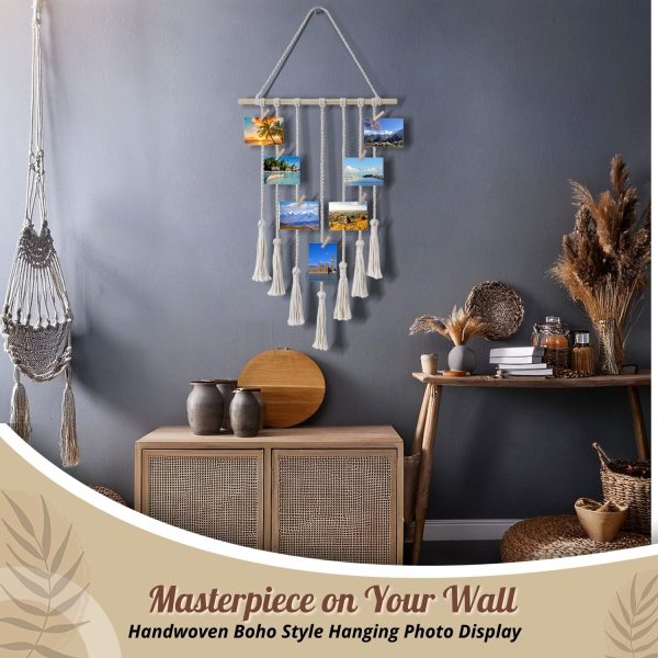 Flexzion Macrame Hanging Photo Display Wall Decor - Handwoven Boho Picture Collage Decor Hanger with 25 Wooden Clips & Cotton String Holder Organizer for Bedroom, Living Room, Home, Dorm, Gift - Image 2