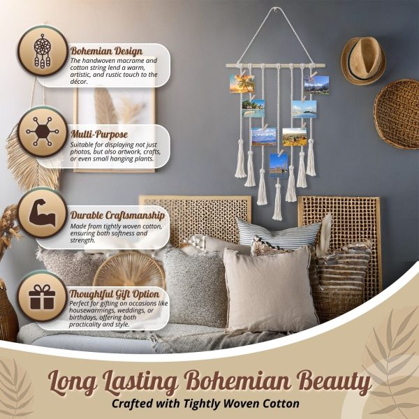 Flexzion Macrame Hanging Photo Display Wall Decor - Handwoven Boho Picture Collage Decor Hanger with 25 Wooden Clips & Cotton String Holder Organizer for Bedroom, Living Room, Home, Dorm, Gift - Image 4
