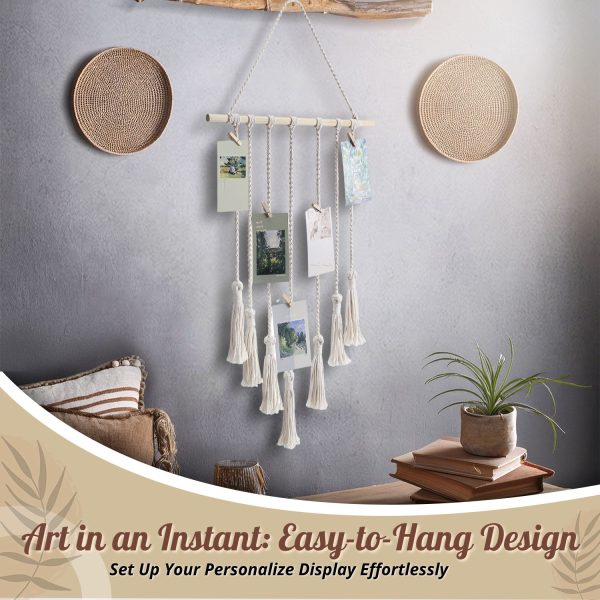 Flexzion Macrame Hanging Photo Display Wall Decor - Handwoven Boho Picture Collage Decor Hanger with 25 Wooden Clips & Cotton String Holder Organizer for Bedroom, Living Room, Home, Dorm, Gift - Image 8