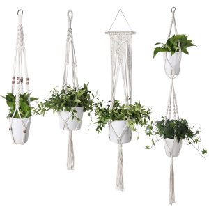 Flexzion Hanging Macrame Plant Holder - 4-Set  Pot Hangers for Plants , Boho Hanging Planters for Indoor Use, Handwoven Cotton Rope Plant Hanger Set with C & S Hooks (Plant & Pot Not Included)