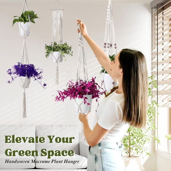 Flexzion Hanging Macrame Plant Holder - 4-Set  Pot Hangers for Plants , Boho Hanging Planters for Indoor Use, Handwoven Cotton Rope Plant Hanger Set with C & S Hooks (Plant & Pot Not Included) - Image 2