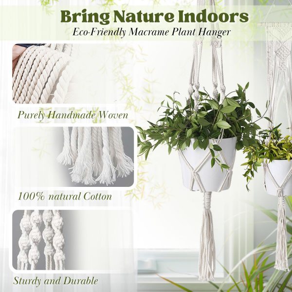 Flexzion Hanging Macrame Plant Holder - 4-Set  Pot Hangers for Plants , Boho Hanging Planters for Indoor Use, Handwoven Cotton Rope Plant Hanger Set with C & S Hooks (Plant & Pot Not Included) - Image 3