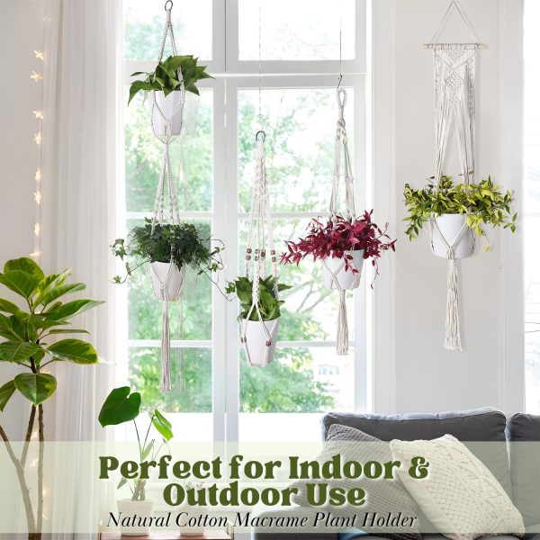Flexzion Hanging Macrame Plant Holder - 4-Set  Pot Hangers for Plants , Boho Hanging Planters for Indoor Use, Handwoven Cotton Rope Plant Hanger Set with C & S Hooks (Plant & Pot Not Included) - Image 4