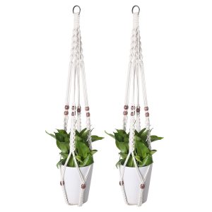 Flexzion 2 Pack White Macrame Plant Holder - 35 Inch Pot Hangers for Plants with C & S Hooks, Indoor Hanging Plant Holder with Woven Cotton Rope for Home Decor (Plant Pot Not Included)