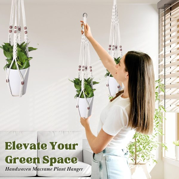 Flexzion 2 Pack White Macrame Plant Holder - 35 Inch Pot Hangers for Plants with C & S Hooks, Indoor Hanging Plant Holder with Woven Cotton Rope for Home Decor (Plant Pot Not Included) - Image 2