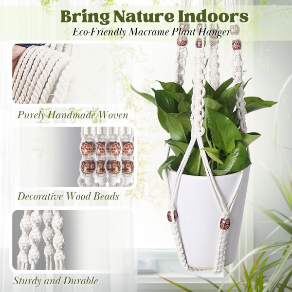 Flexzion 2 Pack White Macrame Plant Holder - 35 Inch Pot Hangers for Plants with C & S Hooks, Indoor Hanging Plant Holder with Woven Cotton Rope for Home Decor (Plant Pot Not Included) - Image 3