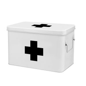 Flexzion First Aid Box Organizer Empty 13" White Vintage First Aid Kit Tin Metal Medical Box - First Aid Storage Box Container Bins with Dividers, Removable Tray and Black Cross Logo