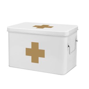 Flexzion First Aid Box Organizer Empty 13" White Vintage First Aid Kit Tin Metal Medical Box - First Aid Storage Box Container Bins with Dividers, Removable Tray and Gold Cross Logo