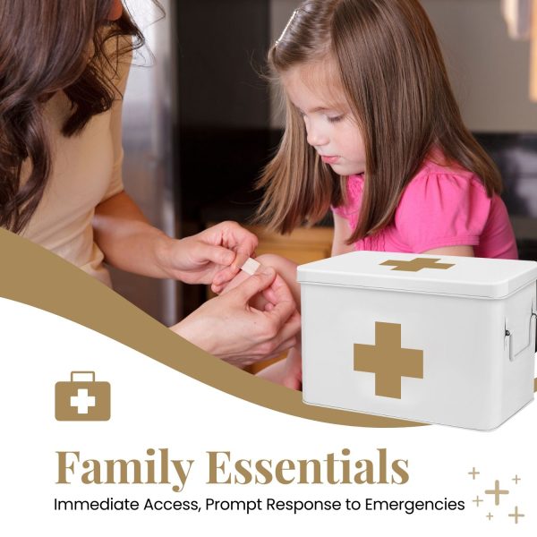 Flexzion First Aid Box Organizer Empty 13" White Vintage First Aid Kit Tin Metal Medical Box - First Aid Storage Box Container Bins with Dividers, Removable Tray and Gold Cross Logo - Image 2