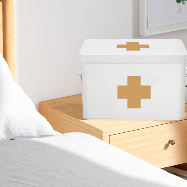 Flexzion First Aid Box Organizer Empty 13" White Vintage First Aid Kit Tin Metal Medical Box - First Aid Storage Box Container Bins with Dividers, Removable Tray and Gold Cross Logo - Image 5