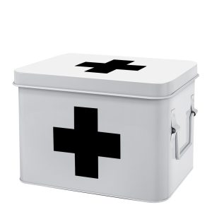 Flexzion First Aid Medicine Box Supplies Kit Organizer - Empty 8" White Metal Tin Medic Storage Bin Hard Case with Removable Tray Gold Cross, Vintage Antique Boxes for Home Family Emergency Tool Set