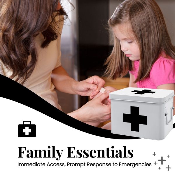 Flexzion First Aid Medicine Box Supplies Kit Organizer - Empty 8" White Metal Tin Medic Storage Bin Hard Case with Removable Tray Gold Cross, Vintage Antique Boxes for Home Family Emergency Tool Set - Image 2