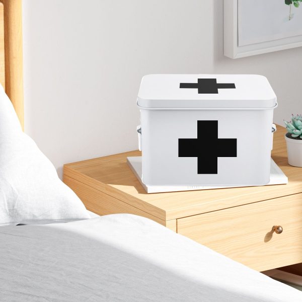 Flexzion First Aid Medicine Box Supplies Kit Organizer - Empty 8" White Metal Tin Medic Storage Bin Hard Case with Removable Tray Gold Cross, Vintage Antique Boxes for Home Family Emergency Tool Set - Image 5