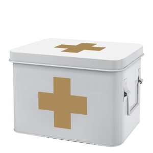 Flexzion First Aid Medicine Box Supplies Kit Organizer - Empty 8" White Metal Tin Medic Storage Bin Hard Case with Removable Tray Black Cross, Vintage Antique Boxes for Home Family Emergency Tool Set