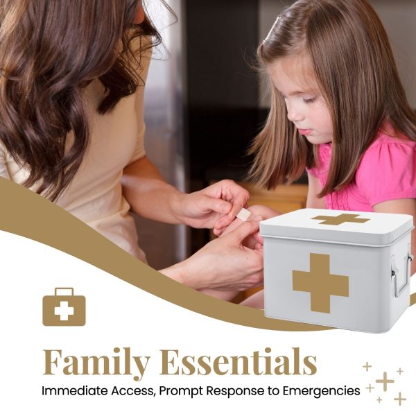 Flexzion First Aid Medicine Box Supplies Kit Organizer - Empty 8" White Metal Tin Medic Storage Bin Hard Case with Removable Tray Black Cross, Vintage Antique Boxes for Home Family Emergency Tool Set - Image 2