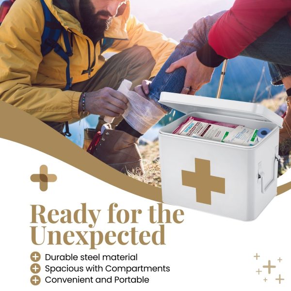 Flexzion First Aid Medicine Box Supplies Kit Organizer - Empty 8" White Metal Tin Medic Storage Bin Hard Case with Removable Tray Black Cross, Vintage Antique Boxes for Home Family Emergency Tool Set - Image 3