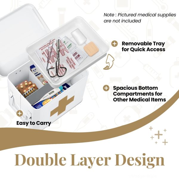 Flexzion First Aid Medicine Box Supplies Kit Organizer - Empty 8" White Metal Tin Medic Storage Bin Hard Case with Removable Tray Black Cross, Vintage Antique Boxes for Home Family Emergency Tool Set - Image 4