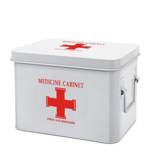 Flexzion First Aid Box Organizer, Empty 8.5 Inch White Vintage First Aid Kit Tin Metal Medical Box First Aid Storage Box Container Bins with Dividers, Removable Tray and Cross Logo