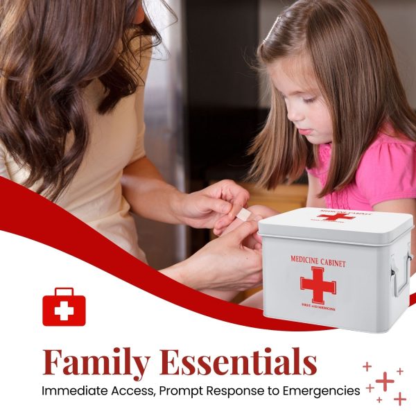 Flexzion First Aid Box Organizer, Empty 8.5 Inch White Vintage First Aid Kit Tin Metal Medical Box First Aid Storage Box Container Bins with Dividers, Removable Tray and Cross Logo - Image 2